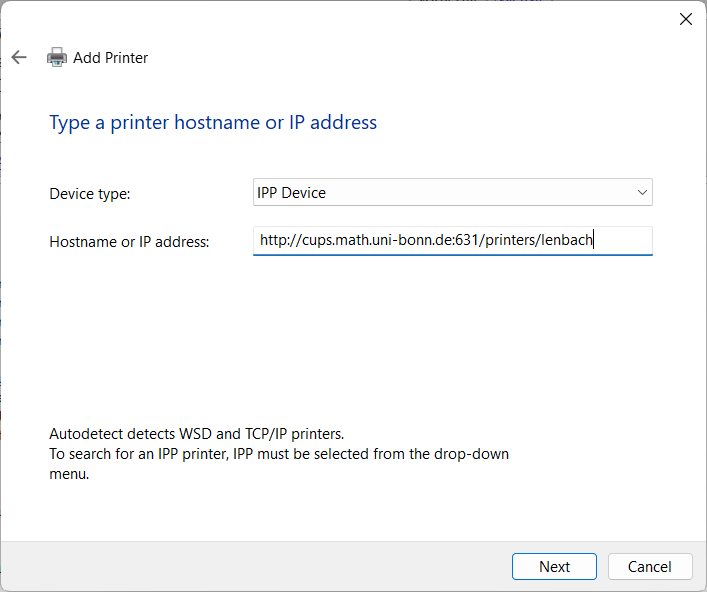 Screenshot des englischen  Add printer by IP or Hostname Dialog on Windows